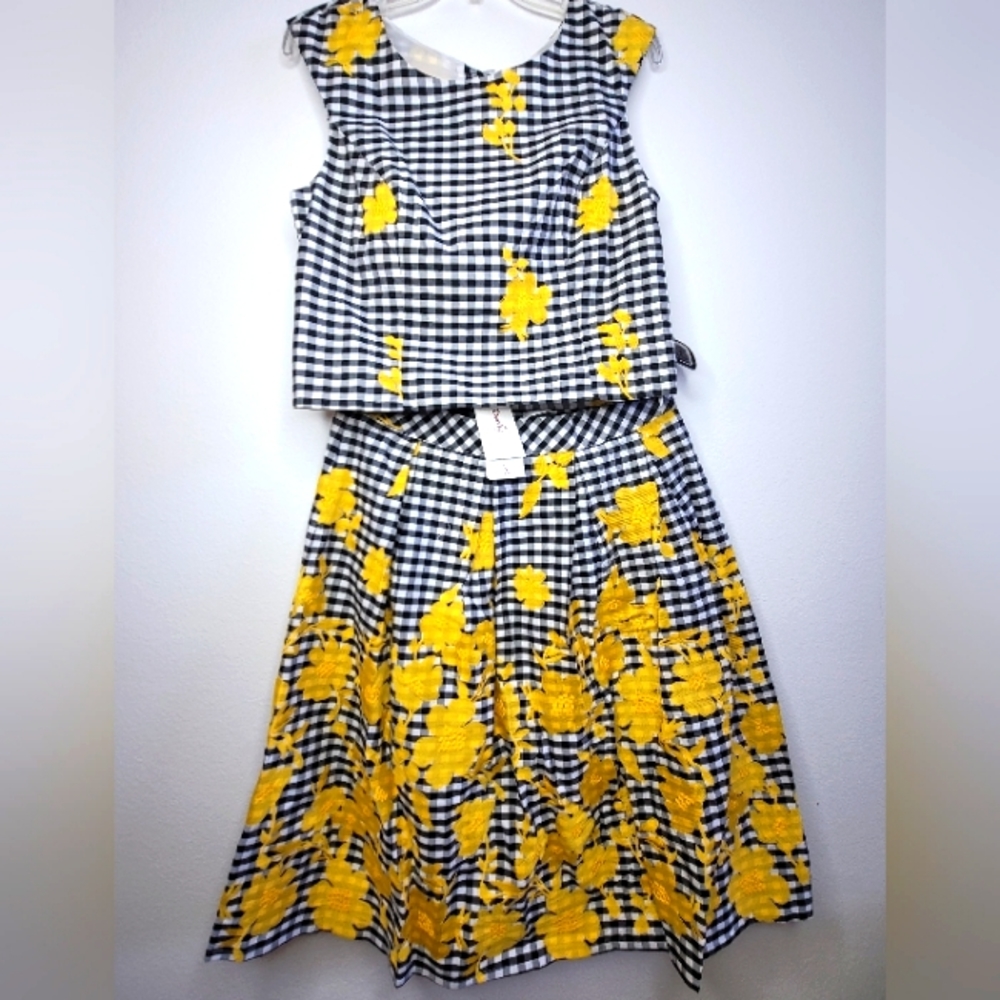 Derhy NWT L Skirt/M Top Yellow Flowers Checked B/W High Waist Bow & Under-Layer